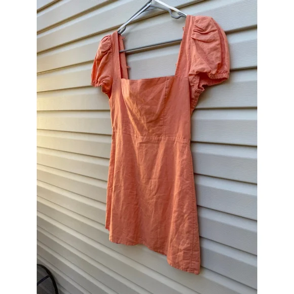 Aritzia Sunday Best Puff Sleeve Mini Dress Coral Linen Blend Size 2 - Picture 3 of 7